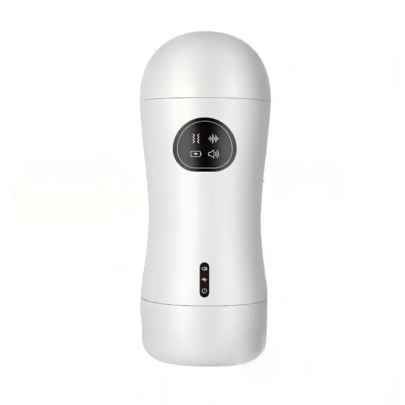 White KY02 rechargeable electric masturbator cup with its control panel facing forward