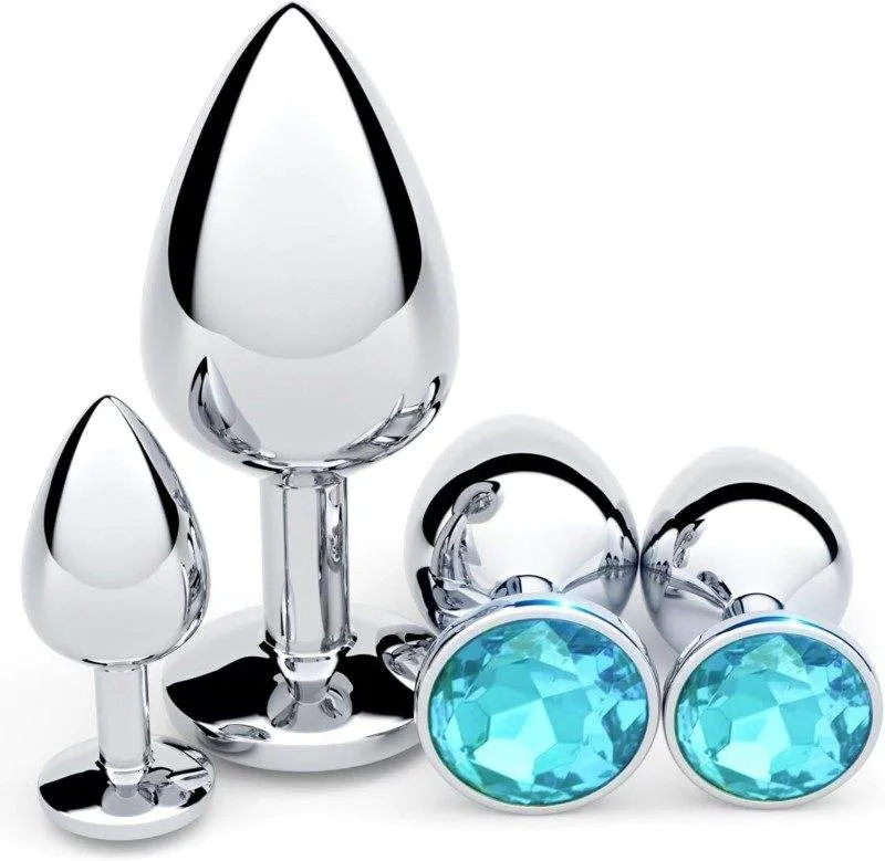KY06 metal anal plug set with small, medium and large jewelled plugs