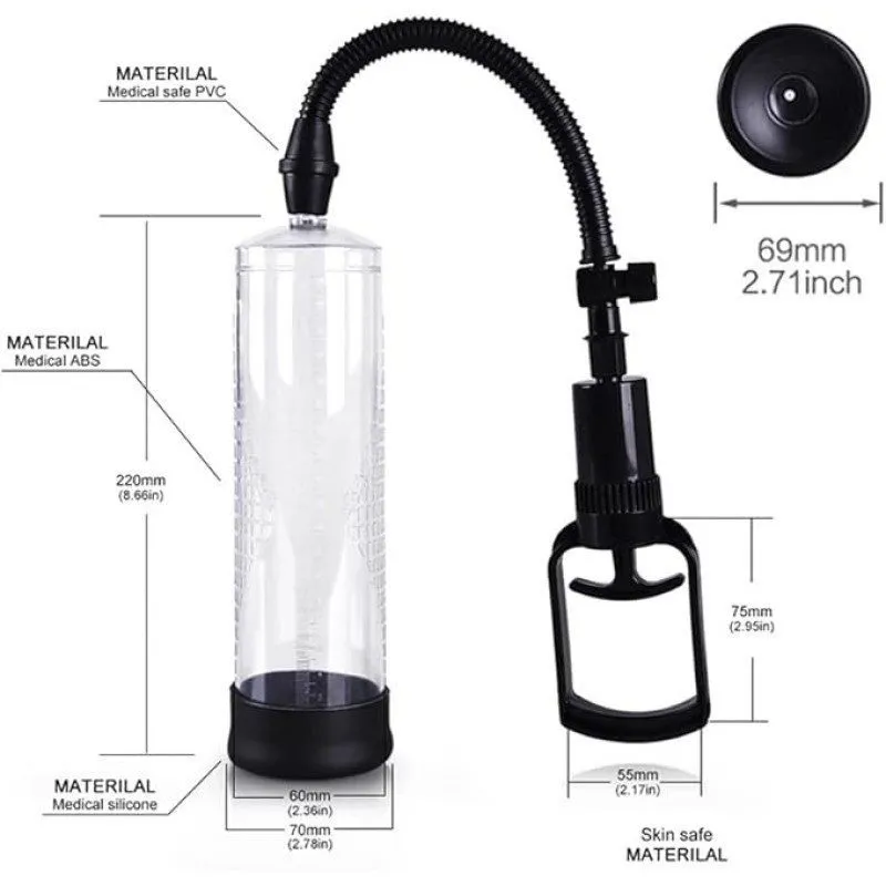 Manual penis pump KY08 cylinder and pump dimensions