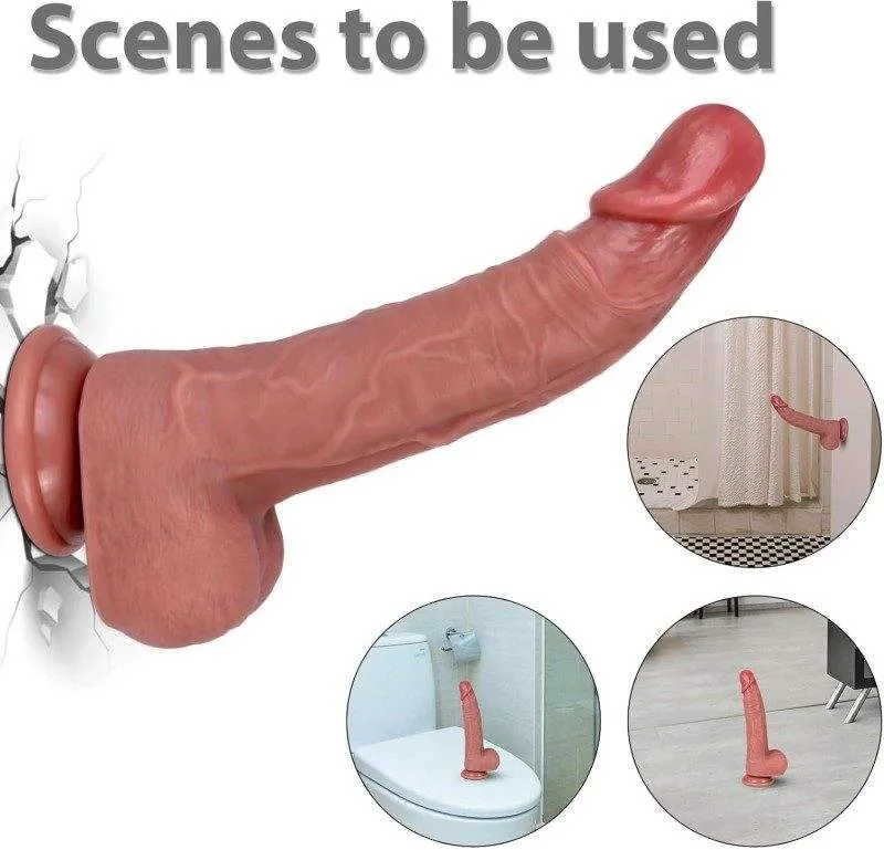 KY09 suction cup dildo shown mounted in a bathroom and on a tiled floor
