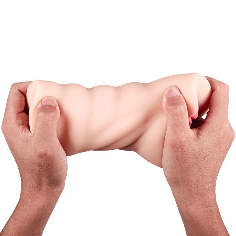 Hands gently squeezing the soft body of the KY12 male masturbator