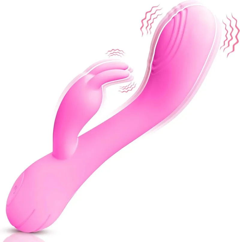 Pink KY22 vibrator feature illustration showing vibrations from both the main head and external stimulator