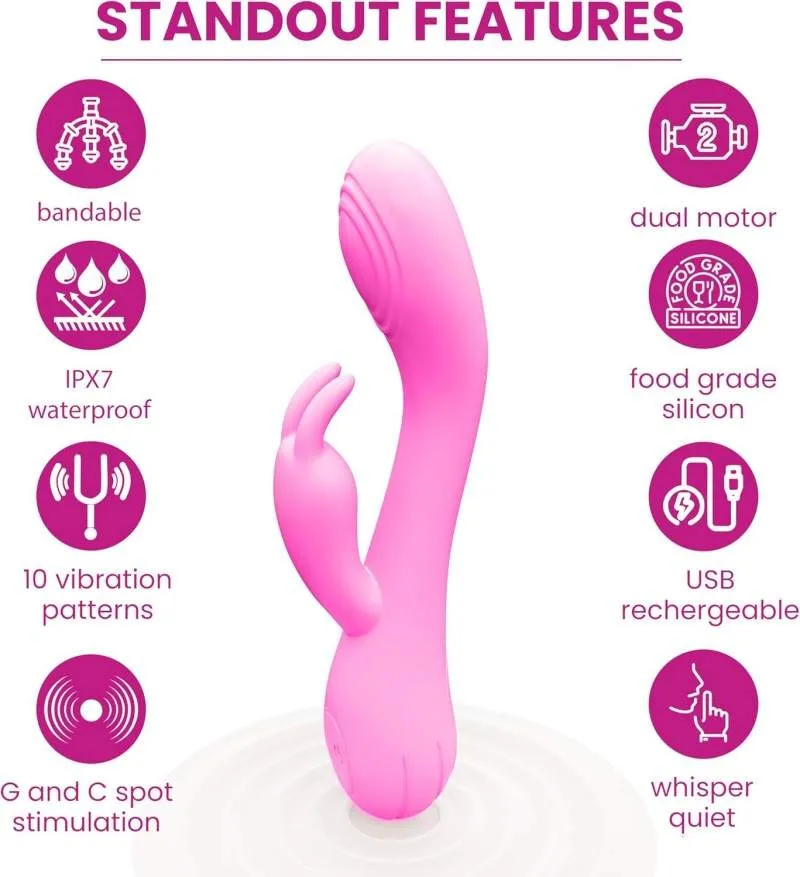 KY22 pink vibrator feature chart showing dual motors, vibration patterns, IPX7 waterproofing and USB charging