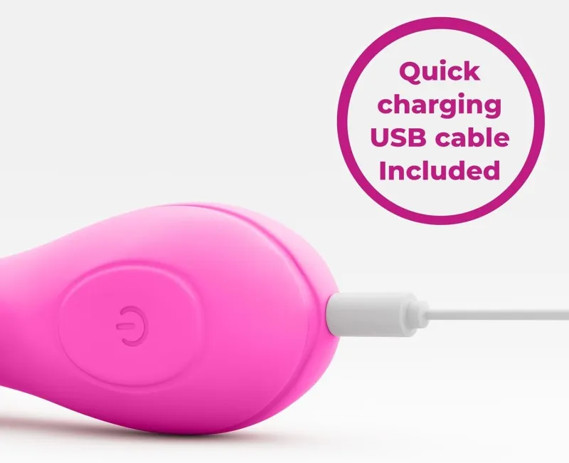 USB charging cable connected to the base of the pink KY22 rechargeable vibrator