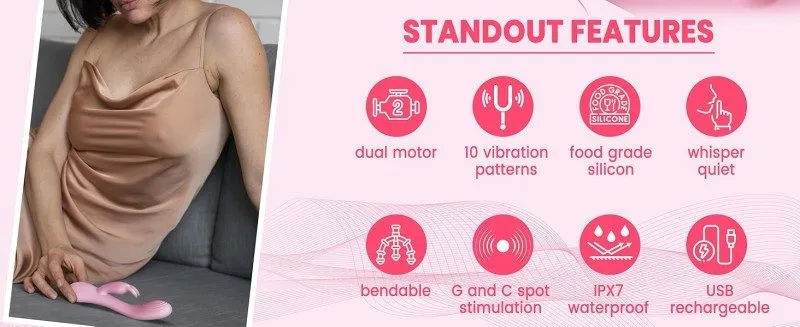 Pink KY22 vibrator with a lifestyle image and feature icons for dual motors, warming, waterproofing and USB charging