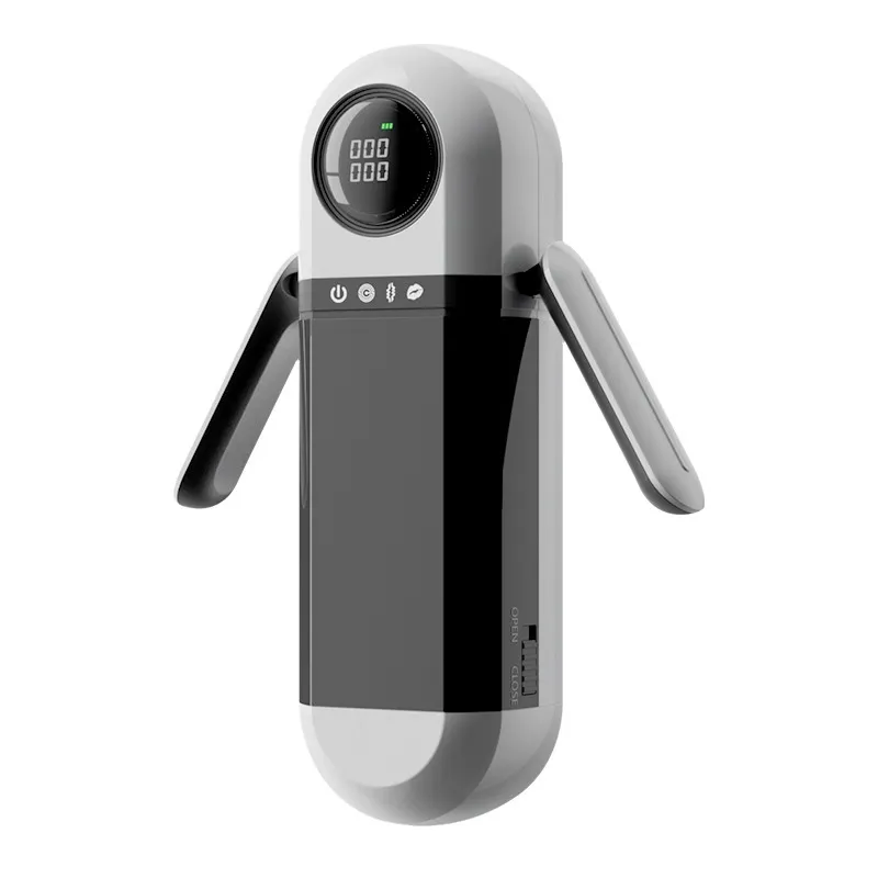 KY23 white and black interactive male masturbator with LCD display, side handles and clear textured sleeve