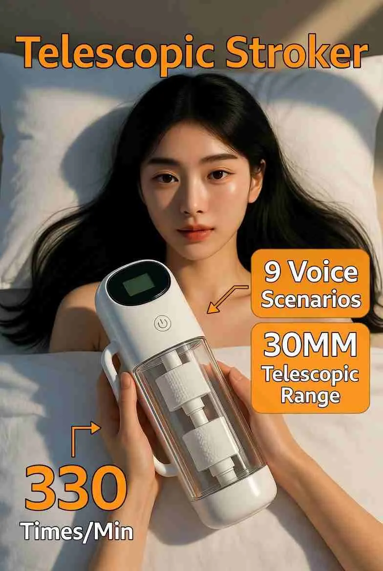 KY23 telescopic stroker shown in use with labels for nine voice scenarios, 30 mm travel and 330 strokes per minute
