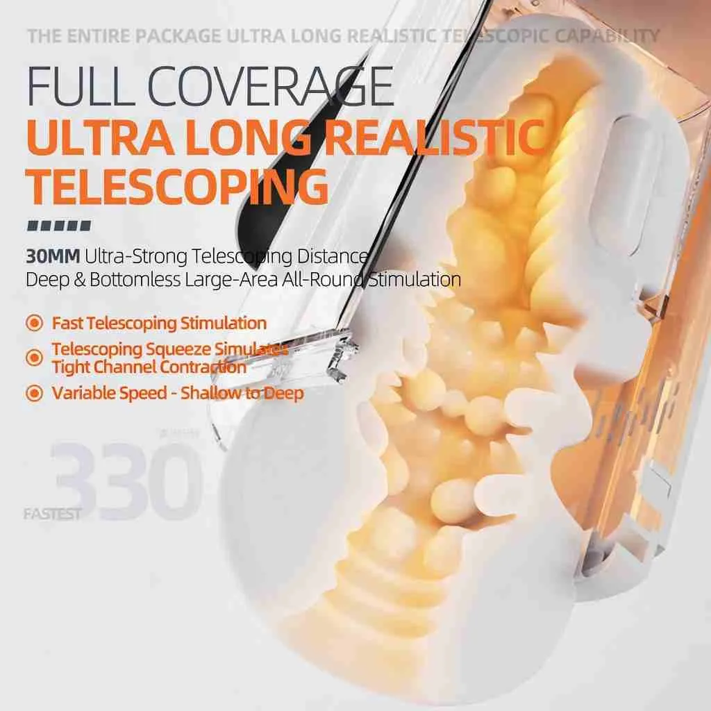Cutaway view of the KY23 telescopic masturbator showing the textured TPE sleeve and full-length stroke path