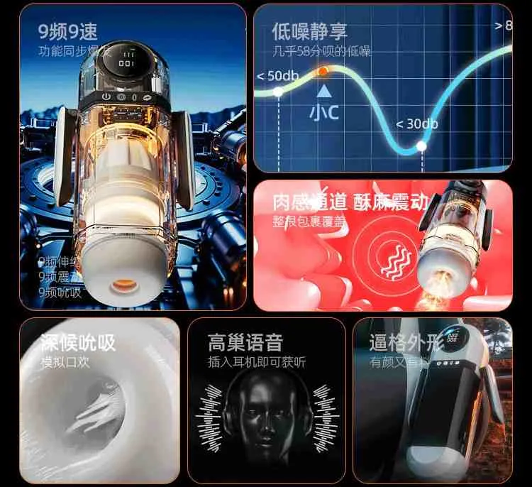KY23 feature chart showing telescopic and suction speeds, low-noise operation, textured sleeve and interactive voice functions