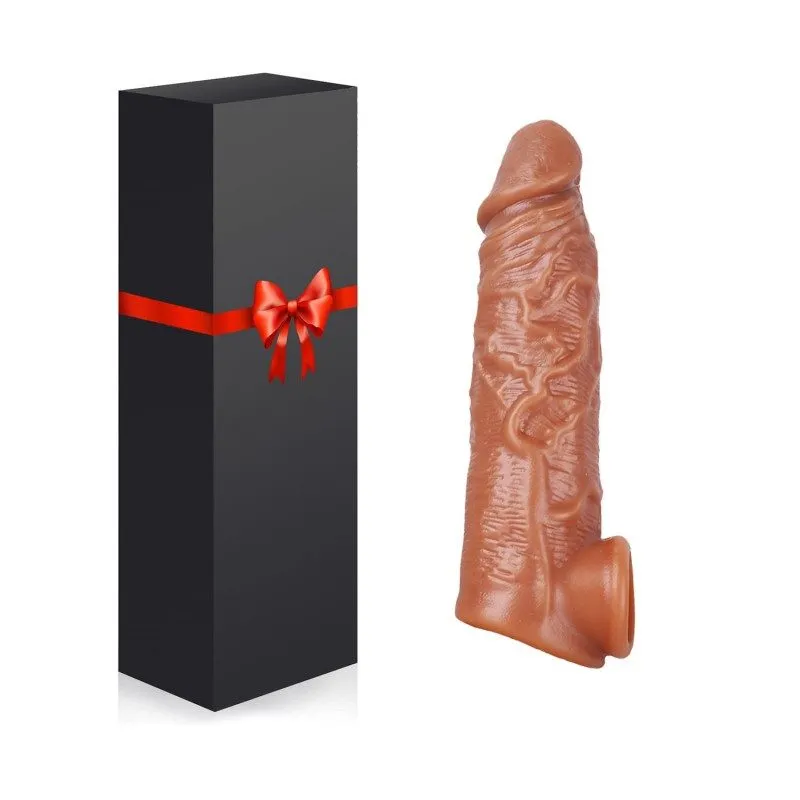 KY25 realistic textured penis sleeve displayed upright beside its black gift box