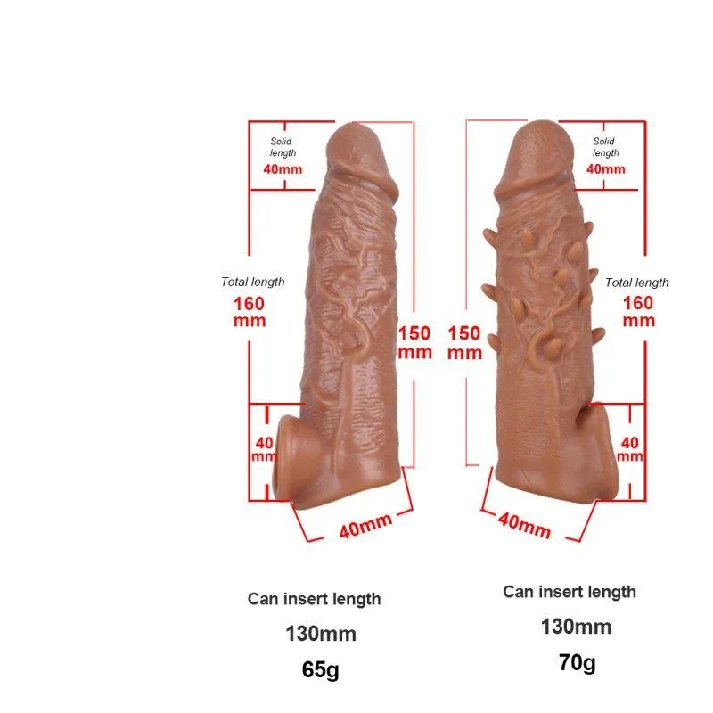 Two tan penis sleeve styles shown with their external dimensions and insertable length