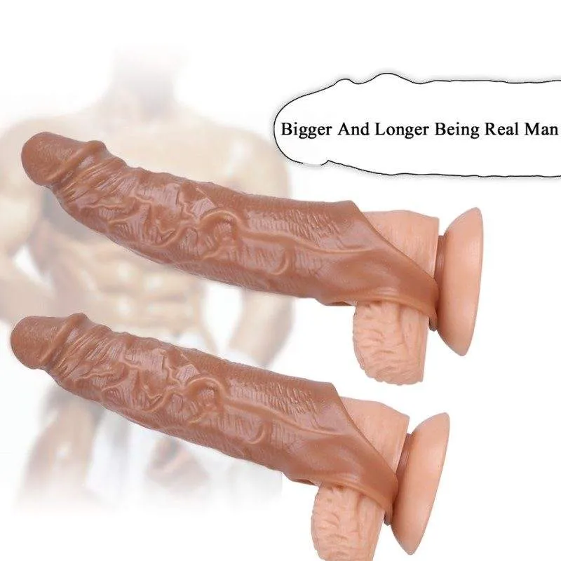 Textured tan KY25 penis sleeve shown with two anatomical size comparisons