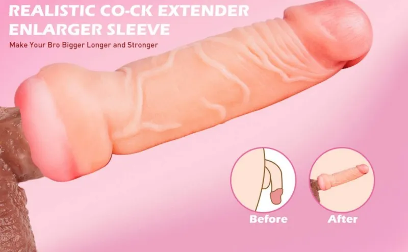 KY29 veined penis extender sleeve shown fitted over a base with before and after illustrations