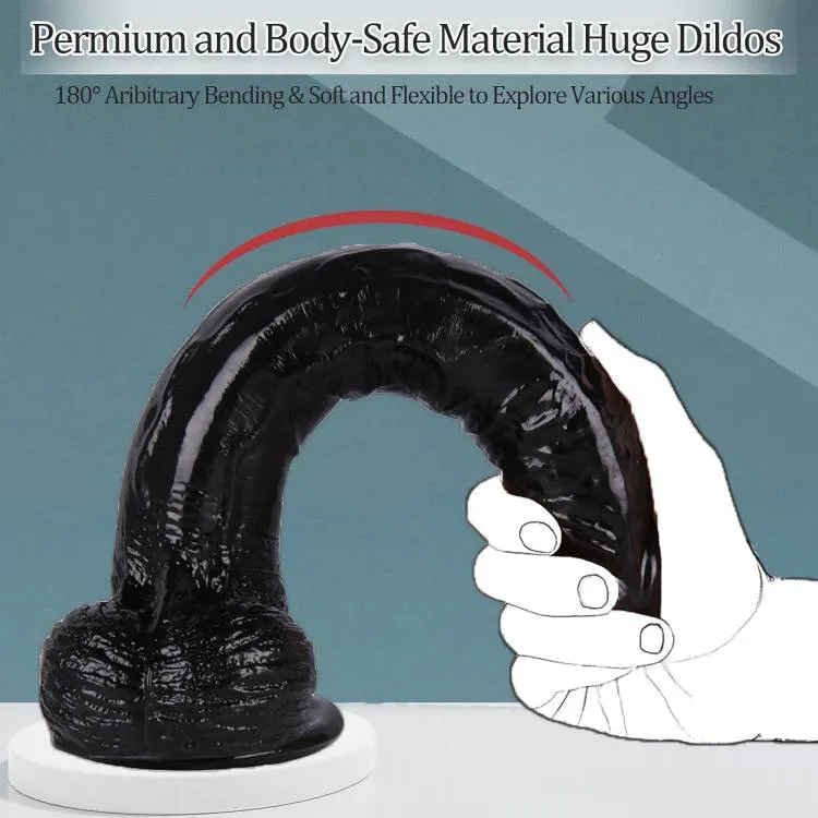 KY32 black silicone dildo flexed to demonstrate the flexibility of its body