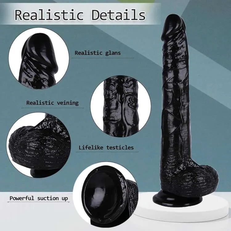 KY32 black dildo feature graphic showing its realistic veins, testicle texture and suction base