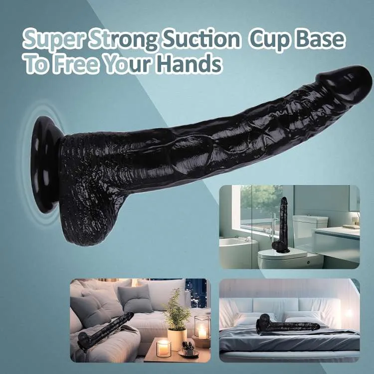 KY32 suction dildo hands-free positioning graphic with examples on a bed and bathroom wall