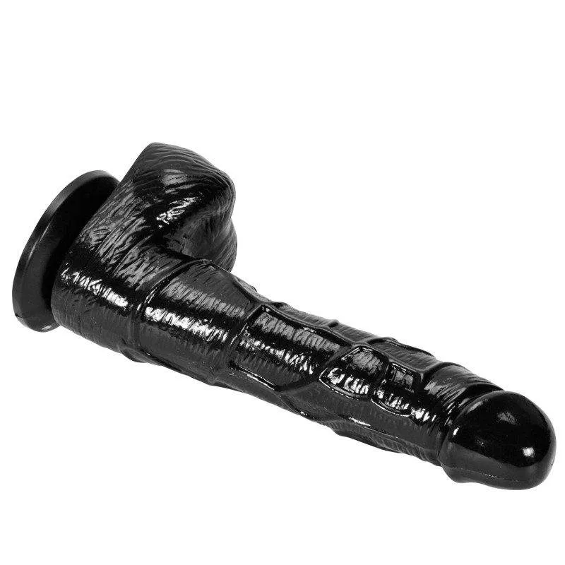 Side profile of the KY32 realistic black silicone dildo showing its curved 18 cm body