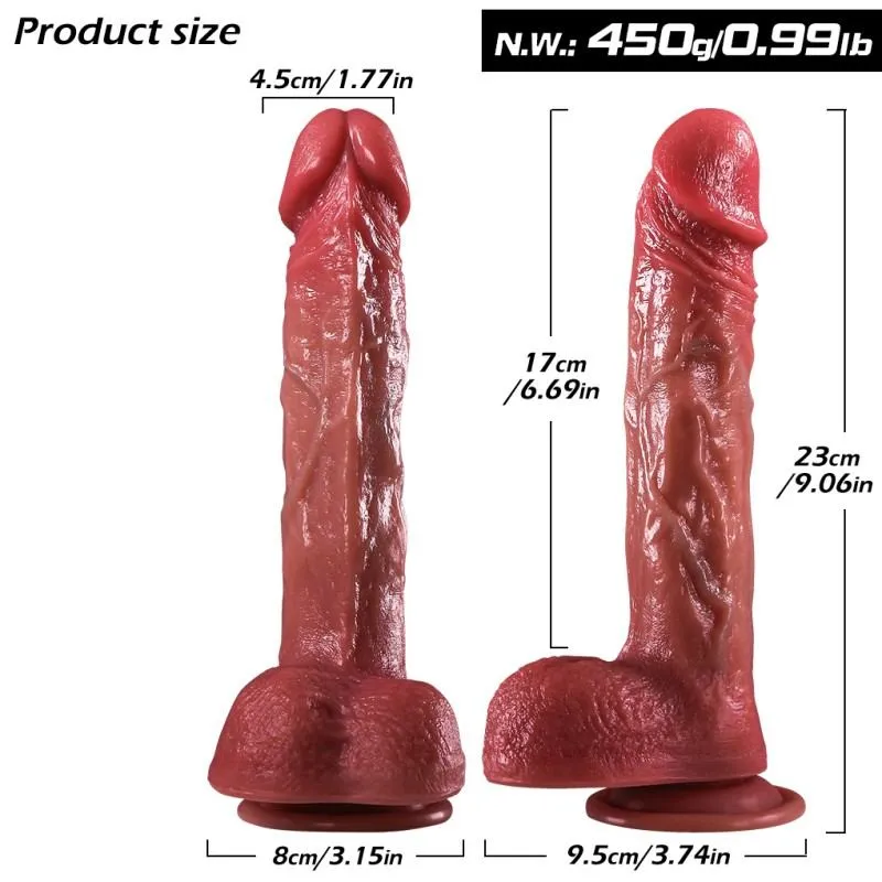 KY09 dildo dimensions showing 23 cm total length, 17 cm insertable length and 450 g weight